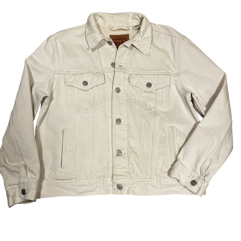 Levis Mens Cream Denim Trucker Jacket L Button Streetwear Utility Classic - Picture 1 of 9